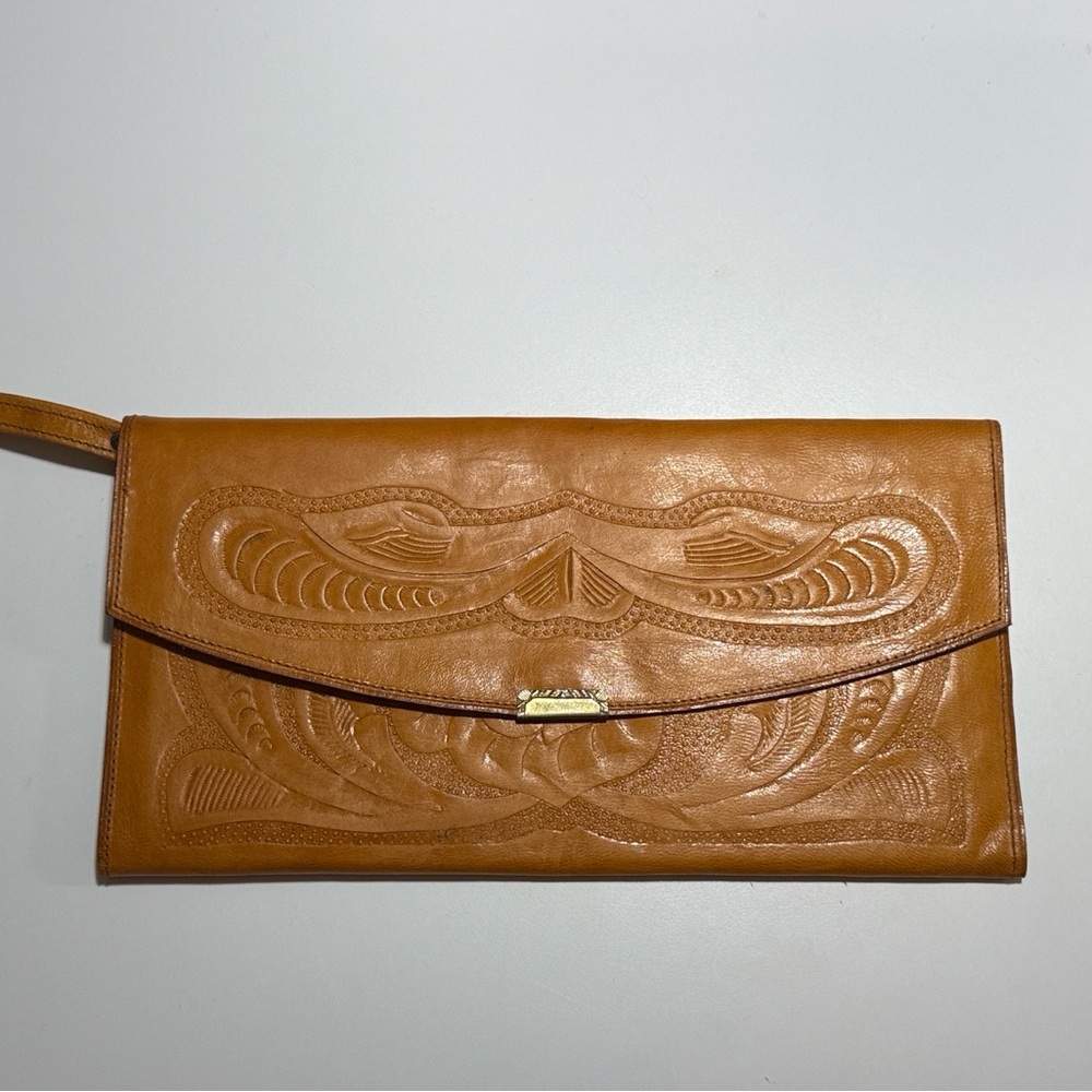 Embossed Tan Leather Clutch
